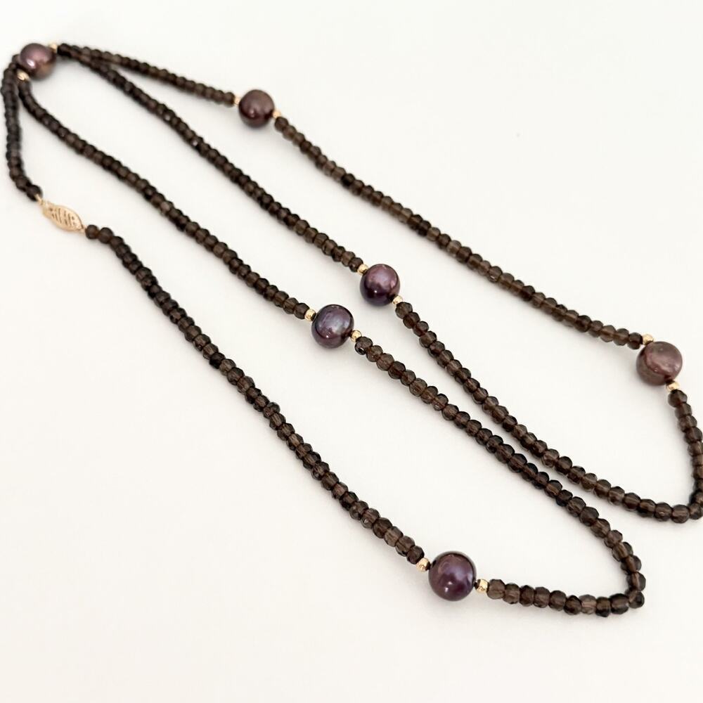 14K Yellow Gold Long Beaded Smoky Quartz Chocolate Pearl Necklace 36"